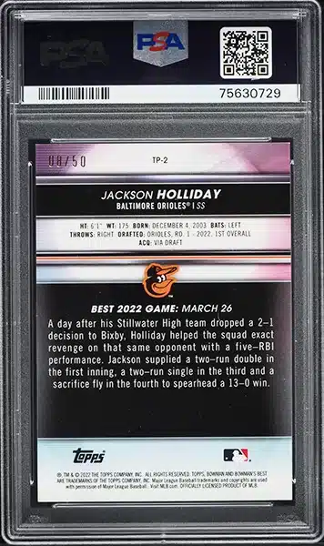 2022 Bowman's Best Top Prospects Gold Jackson Holliday ROOKIE /50 #TP2 PSA 10 BACK SIDE