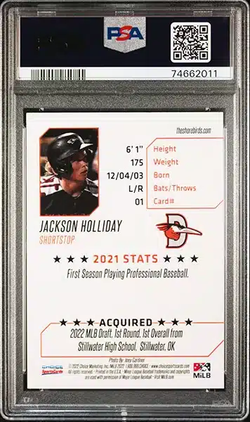 2022 Choice Delmarva Shorebirds Gold #01 Jackson Holliday Rookie Card (#39/41) – PSA GEM MT 10 BACK SIDE