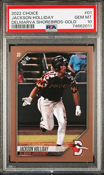 2022 Choice Delmarva Shorebirds Gold #01 Jackson Holliday Rookie Card (#39/41) – PSA GEM MT 10