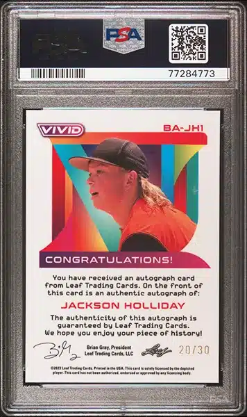 2022 Leaf Vivid Autograph Navy Blue #BA-JH1 Jackson Holliday Signed Rookie Card (#20/30) – PSA MINT 9 back side