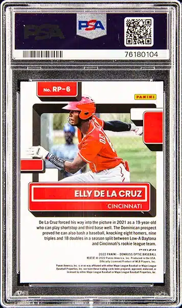 2022 Panini Donruss Optic Rated Prospect Holo Rp6 Elly De La Cruz Rookie Card – PSA GEM MT 10 BACK SIDE