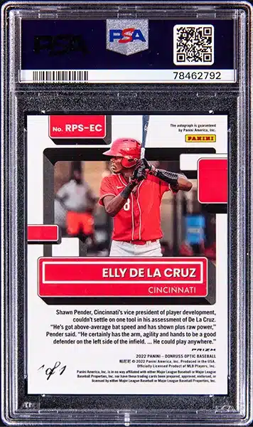 2022 Panini Donruss Optic Rated Prospect Signatures Black Finite #RPS-EC Elly De La Cruz Signed Rookie Card (#1/1) - PSA MINT 9 BACK SIDE