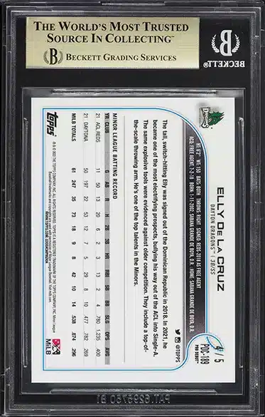 2022 Topps Pro Debut Chrome Red Refractor Elly De La Cruz RC /5 #PDC189 BGS 9.5 BACK SIDE