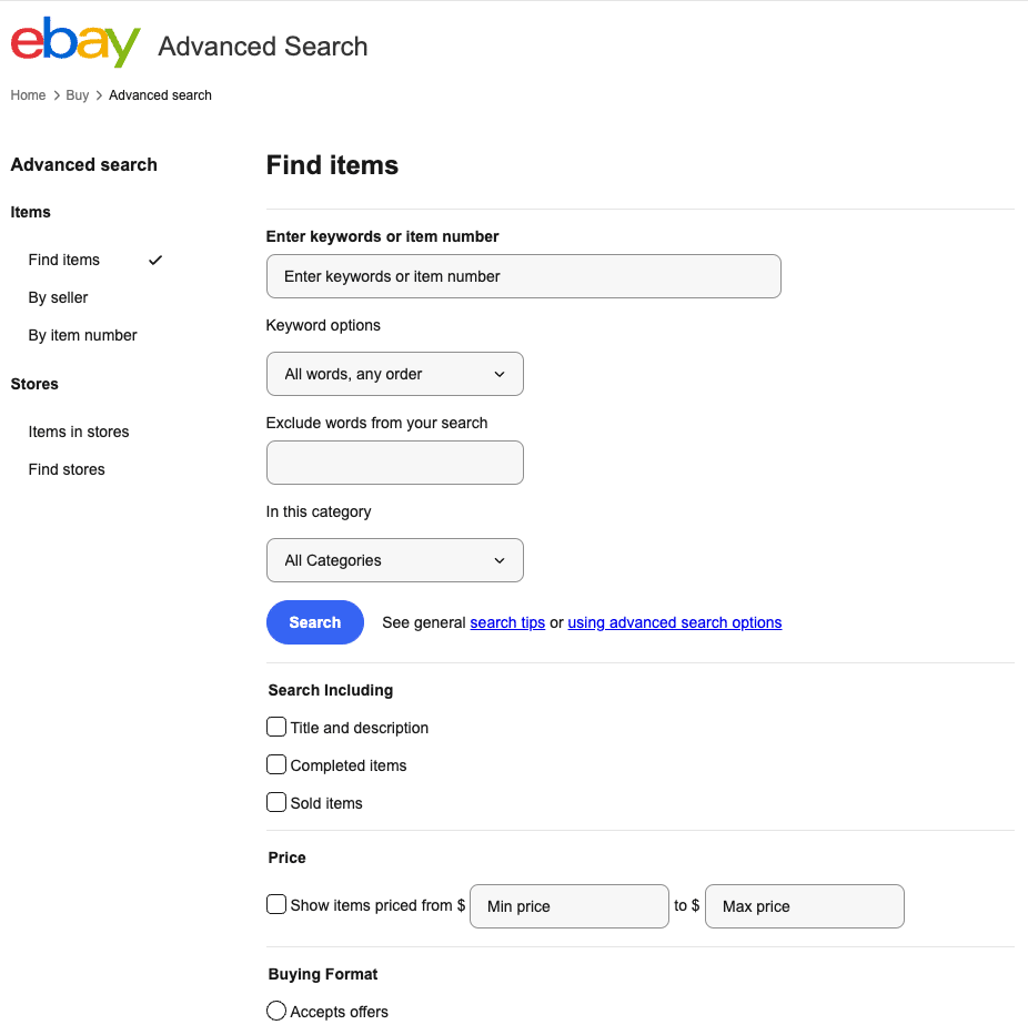 eBay advanced search for finding sports card values