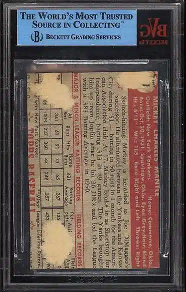 1952 Topps Mickey Mantle Trimmed Baseball Card Graded BGS Authentic Altered back side