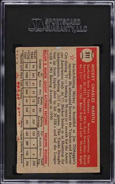 1952 Topps Mickey Mantle Trimmed Baseball Card graded SGC Authentic back side
