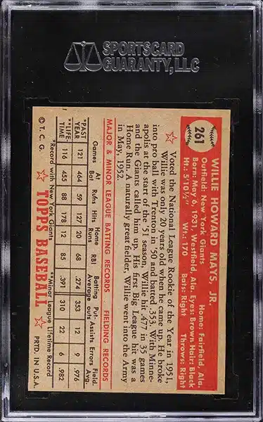 1952 Topps Willie Mays Trimmed Baseball Card graded SGC Authentic back side