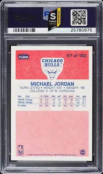 1986 Fleer Basketball Michael Jordan ROOKIE #57 PSA 10 GEM MINT back side