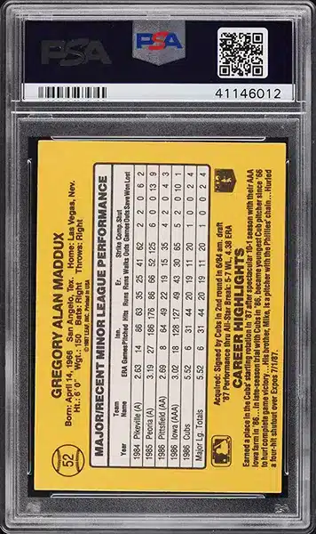 1987 Donruss Greg Maddux ROOKIE #52 PSA 10 GEM MINT back side