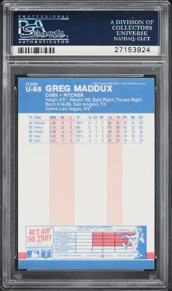 1987 Fleer Update Glossy Greg Maddux ROOKIE #U-68 PSA 10 GEM MINT back side