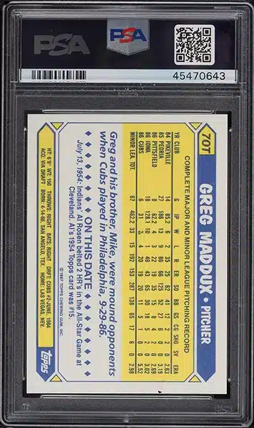 1987 Topps Traded Tiffany Greg Maddux ROOKIE #70T PSA 10 GEM MINT back side