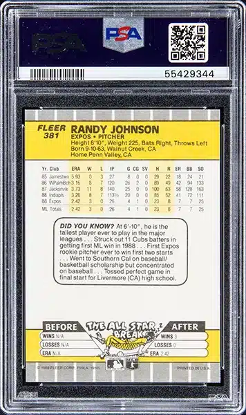 1989 Fleer Marlboro Ad on Scoreboard #381 Randy Johnson Rookie Card - PSA GEM MT 10 back side