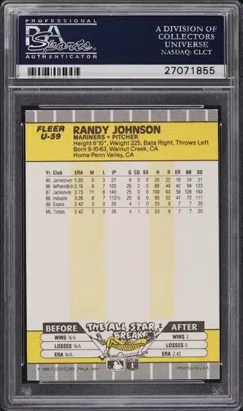 1989 Fleer Update Randy Johnson ROOKIE #U-59 PSA 10 GEM MINT back side