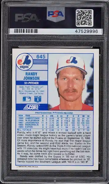 1989 Score Randy Johnson RC #645 back side of card