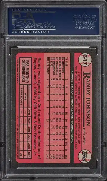 1989 Topps Randy Johnson ROOKIE #647 PSA 10 GEM MINT back side