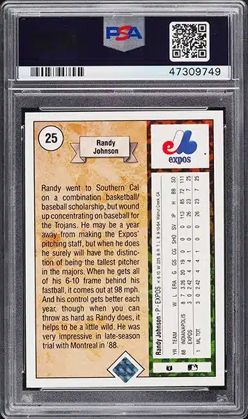 1989 Upper Deck Randy Johnson ROOKIE #25 PSA 10 GEM MINT back side