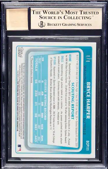 2011 Bowman Chrome Bryce Harper (Prospect Autograph-Superfractor) #BCP111 BGS Gem Mint 9.5 back side