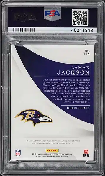 2018 Immaculate Collection Lamar Jackson ROOKIE PATCH AUTO DNA 10 /99 #116 PSA 9 back side