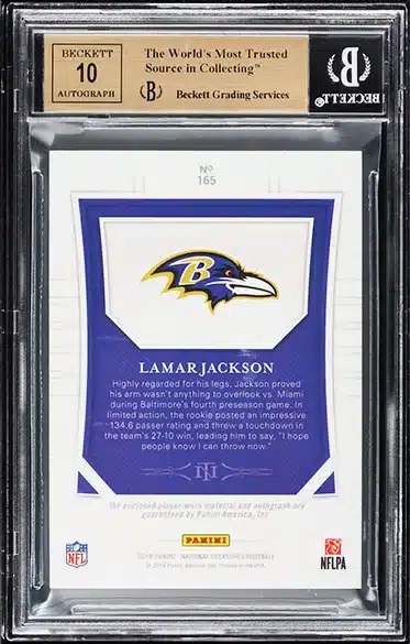 2018 National Treasures Lamar Jackson ROOKIE PATCH AUTO /99 #165 BGS 9.5 GEM back side