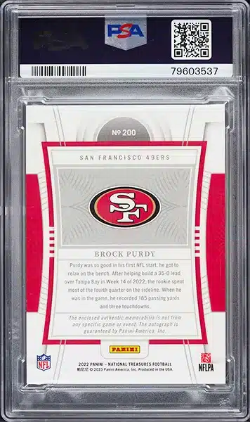 2022 National Treasures Holo Silver Brock Purdy ROOKIE PATCH AUTO /25 #200 PSA 9 back side