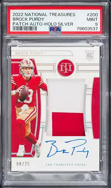 2022 National Treasures Holo Silver Brock Purdy ROOKIE PATCH AUTO /25 #200 PSA 9