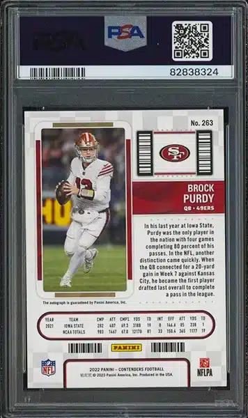 2022 Panini Contenders Rookie Ticket #263 Brock Purdy RC AUTO 49ers PSA 10 back side