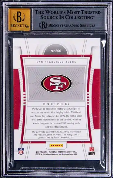 2022 Panini National Treasures Rookie Patch Autograph (RPA) Platinum #200 Brock Purdy Signed NFL Shield Patch Rookie Card (#1/1) - BGS NM-MT+ 8.5 back side