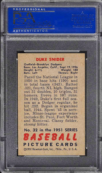 1951 Bowman Duke Snider #32 PSA 8 back side