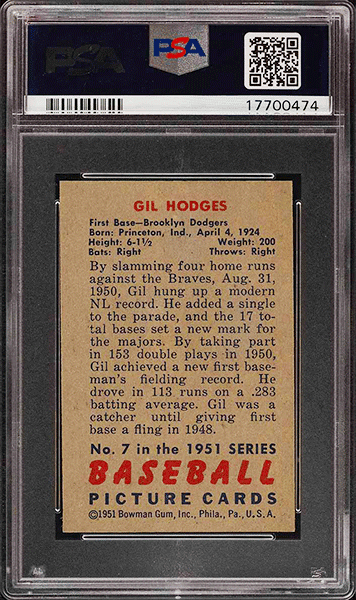 1951 Bowman Gil Hodges #7 PSA 8 back side