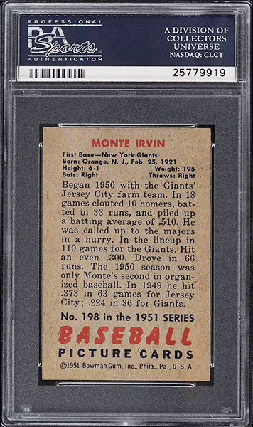 1951 Bowman Monte Irvin ROOKIE RC #198 PSA 8 back side