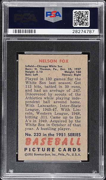 1951 Bowman Nellie Fox ROOKIE #232 back side