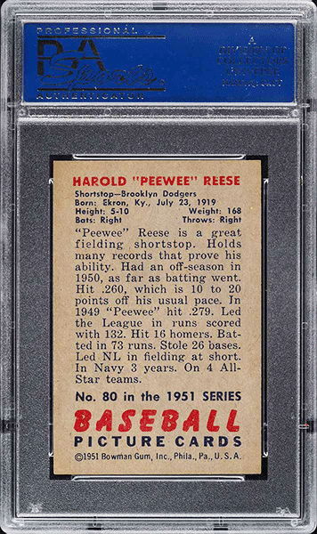 1951 Bowman Pee Wee Reese baseball card #80 graded PSA 8 back side