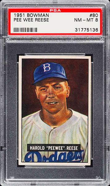 1951 Bowman Pee Wee Reese baseball card #80 graded PSA 8