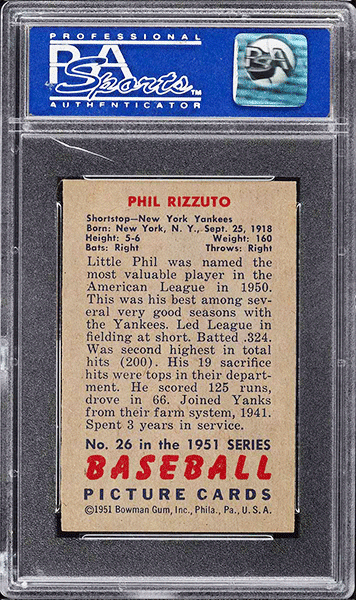 1951 Bowman Phil Rizzuto baseball card #26 graded PSA 8 back side