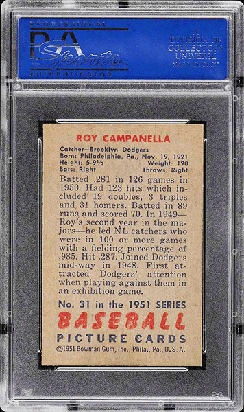 1951 Bowman Roy Campanella #31 PSA 8 back side