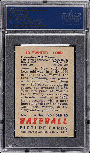 1951 Bowman Whitey Ford ROOKIE #1 PSA 8 back side