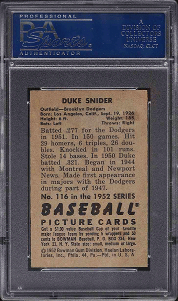 1952 Bowman Duke Snider baseball card #116 graded PSA 8 back side