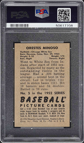 1952 Bowman Minnie Minoso ROOKIE #5 PSA 8 back side