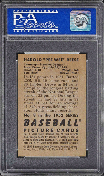 1952 Bowman Pee Wee Reese baseball card #8 graded PSA 8 back side