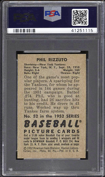 1952 Bowman Phil Rizzuto #52 PSA 8 back side