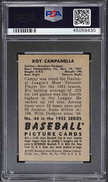 1952 Bowman Roy Campanella baseball card #44 graded PSA 8 back side