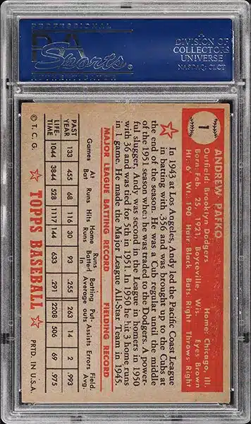 1952 Topps Andy Pafko baseball card #1 graded PSA 7 back side