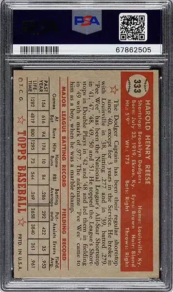 1952 Topps Pee Wee Reese #333 PSA 8 NM-MT back side