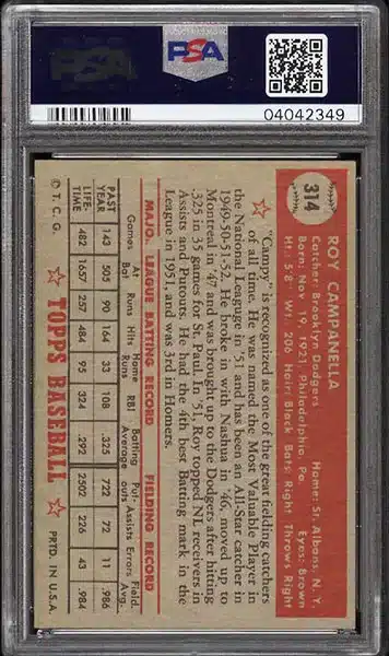 1952 Topps roy Campanella baseball card #314 graded PSA 8 back side