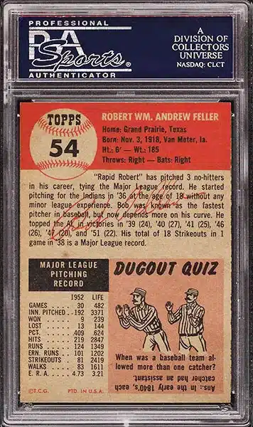 1953 Topps Bob Feller #54 PSA 8 NM-MT back side