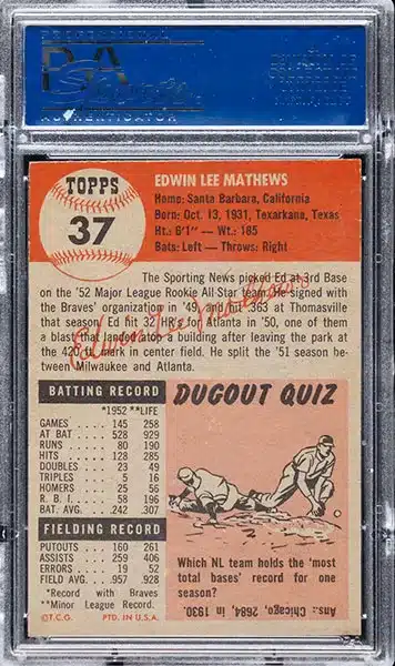 1953 Topps Eddie Mathews #37 PSA 8 NM-MT back side