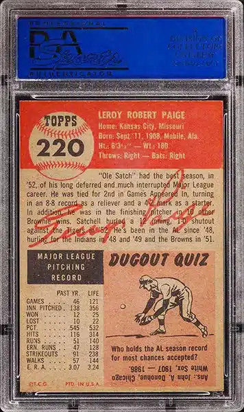 1953 Topps Satchell Paige #220 PSA 8 NM-MT back side