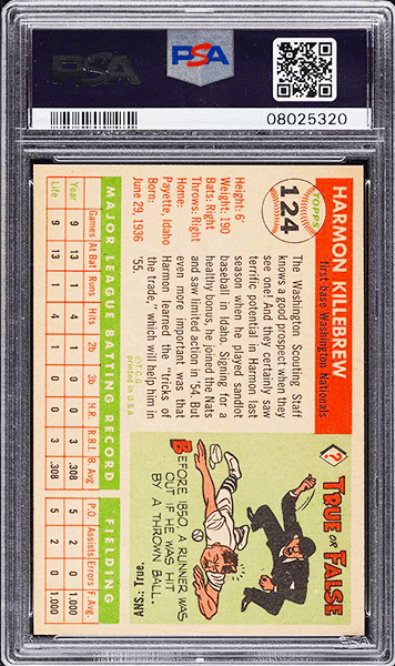 1955 Topps Harmon Killebrew Rookie card #124 graded PSA 9 MINT back side