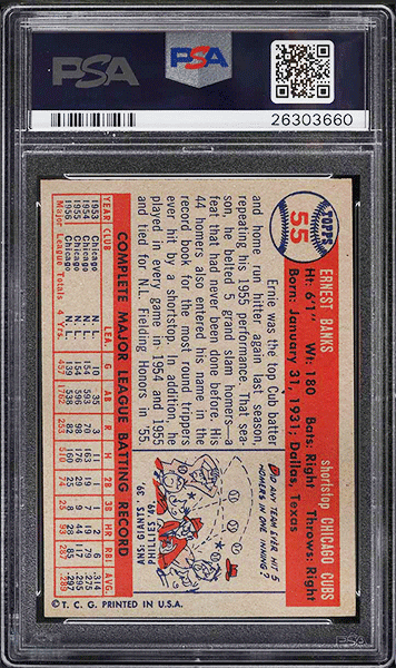 1957 Topps Ernie Banks baseball card #55 graded PSA 9 MINT back side
