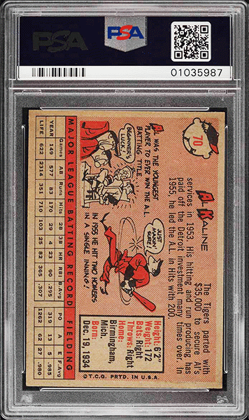 1958 Topps Al Kaline baseball card #70 graded PSA 9 MINT back side